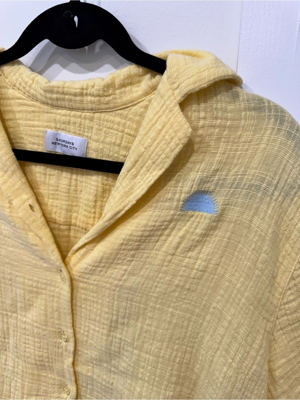 Saturdays New York City Soft Yellow Gauze Button-Up Shirt with Embroidered Sun
